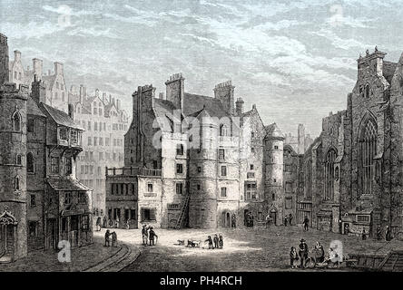 La Old Tolbooth, High Street, Royal Mile di Edimburgo, in Scozia, secolo XIX Foto Stock