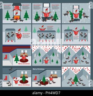 Set di scena per il buon Natale con Babbo natale renne e albero. Illustrazione Vettoriale