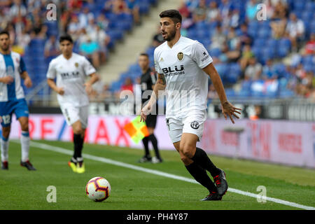 26 agosto 2018, RCDE Stadium, Cornella El Prat, Spagna; La Liga calcio, RCD Espanyol rispetto a Valencia CF; Piccini di Valencia CF Foto Stock