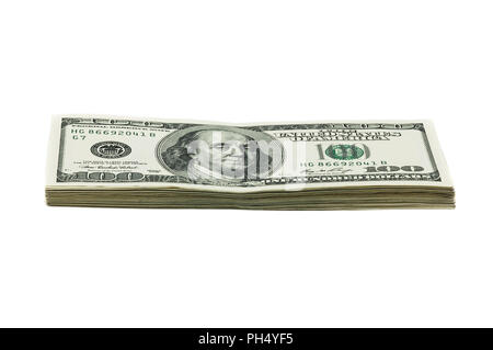 Una piccola pila di banconote da cento dollari su uno sfondo bianco. Isolato. Foto Stock