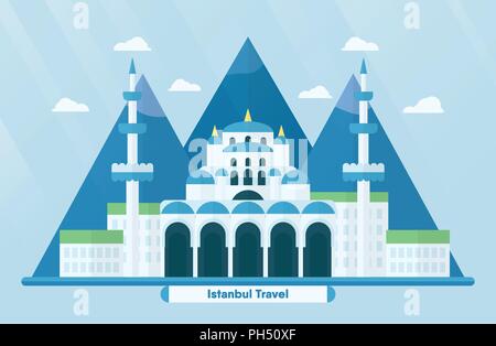 La Turchia i punti di riferimento per viaggiare con Hagia Sophia a Istanbul e montagna. Illustrazione Vettoriale con copia di spazio e luce parassita di luce su sfondo blu. Illustrazione Vettoriale