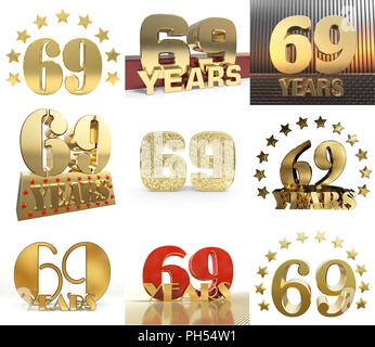 Impostare il numero di sessanta nove anno (69 anno) la celebrazione del design. Anniversario numero d'oro agli elementi del modello per la tua festa di compleanno. 3D'illustrazione. Foto Stock