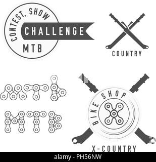 In bici o in negozio di biciclette emblema. Concorso, MTB mostrano l'emblema. Tipografia MTB fatta di catena per bicicletta. Attraversato Bike forcelle Silhouette. Monocromatico illustrazione vettoriale. Illustrazione Vettoriale