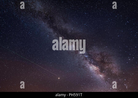Shooting Star in tutta la via lattea cielo stellato sopra di sagome ad albero. Foto Stock