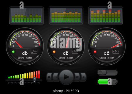 Il decibel misuratore acustico con equalizzatore e pulsanti. Nero interfaccia utente Illustrazione Vettoriale