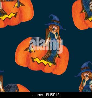Strega e Cat seduto sulla zucca Acquerello su sfondo blu. Illustrazione Vettoriale. Illustrazione Vettoriale