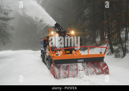 Neve macchina fresatrice a lavori di pulizia di una strada forestale Foto Stock