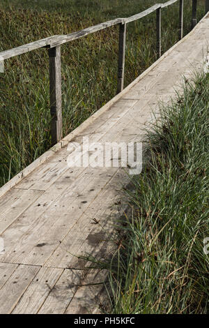 In casa rustico pontile in legno fornendo un accesso sicuro al punto di ormeggio per imbarcazioni da diporto a Skippool Creek sul fiume Wyre nel Lancashire, Inghilterra, Regno Unito Foto Stock