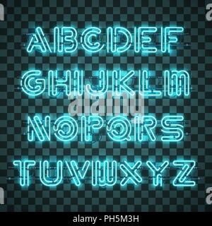 Brillante e blu brillante alfabeto Neon e cifre. Illustrazione Vettoriale