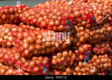 Onion nei sacchi delle reti per la vendita ripiegato per il trasporto Foto Stock