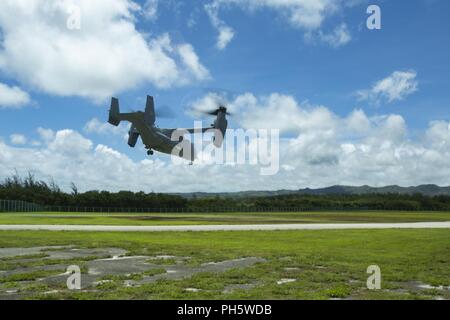 Un CV-22 Osprey prende il volo di ricognizione Marines con il trentunesimo Marine Expeditionary Unit la forza del plotone di ricognizione a bordo militari durante la caduta libera le operazioni a zone di caduta Orote, Base Navale Guam, 19 giugno 2018. FRP treni per caduta libera operazioni utilizzando un alta altitudine basso salto di apertura al fine di affinare le capacità di inserimento. Il trentunesimo MEU, il Marine Corps' solo in modo continuo distribuita MEU, fornisce una forza flessibile pronto per eseguire una vasta gamma di operazioni militari. Foto Stock