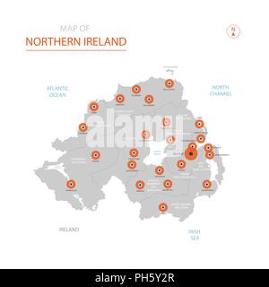 Vettore stilizzati Irlanda del Nord mappa mostrando grandi città, capitale Belfast, divisioni amministrative. Illustrazione Vettoriale
