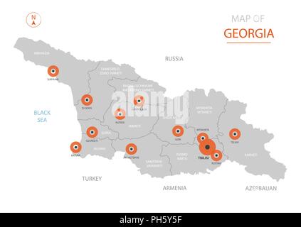 Vettore stilizzati Georgia mappa mostrando grande città capitale Tbilisi, le divisioni amministrative e i confini Illustrazione Vettoriale