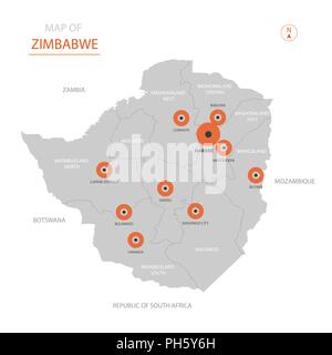 Vettore stilizzati Zimbabwe mappa mostrando grande città capitale Harare, divisioni amministrative e i confini Illustrazione Vettoriale