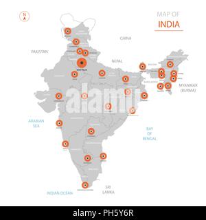 Vettore stilizzati India mappa mostrando grandi città, capitale New Delhi, le divisioni amministrative e i confini Illustrazione Vettoriale