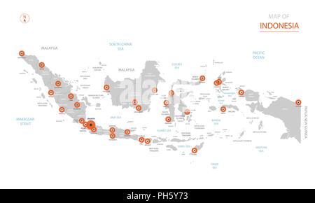 Vettore stilizzati Indonesia mappa mostrando grandi città, capitale Giacarta, divisioni amministrative. Illustrazione Vettoriale