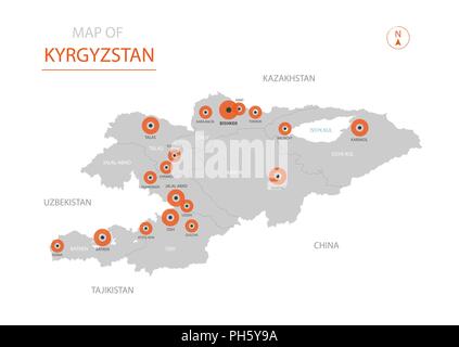 Vettore stilizzata del Kirghizistan mappa mostrando grandi città, capitale Bishkek, divisioni amministrative. Illustrazione Vettoriale