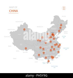 Vettore stilizzati Cina mappa mostrando grandi città, capitale Pechino, divisioni amministrative. Illustrazione Vettoriale