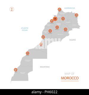 Vettore stilizzati Marocco mappa mostrando grande città capitale Rabat, divisioni amministrative. Illustrazione Vettoriale