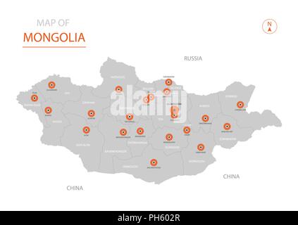 Vettore stilizzata della Mongolia mappa mostrando grandi città, capitale Ulaanbaatar, divisioni amministrative. Illustrazione Vettoriale