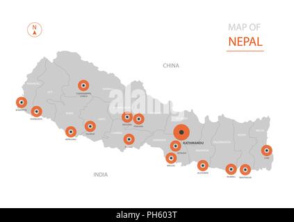 Vettore stilizzati Nepal mappa mostrando grandi città, capitale Kathmandu, divisioni amministrative. Illustrazione Vettoriale