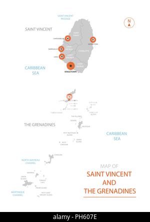 Vettore stilizzata di Saint Vincent e Grenadine mappa mostrando grandi città, capitale Kingstown, divisioni amministrative. Illustrazione Vettoriale