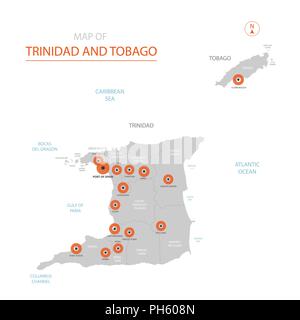 Vettore stilizzati Trinidad e Tobago mappa mostrando grandi città, capitale Porto di Spagna, divisioni amministrative. Illustrazione Vettoriale