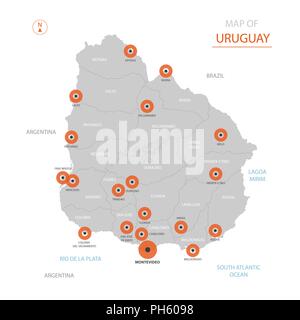 Vettore stilizzati Uruguay mappa mostrando grande città capitale Montevideo, divisioni amministrative. Illustrazione Vettoriale