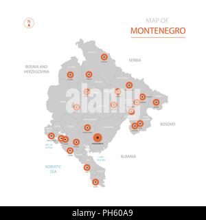 Vettore stilizzati Montenegro mappa mostrando grandi città, capitale Podgorica, divisioni amministrative. Illustrazione Vettoriale