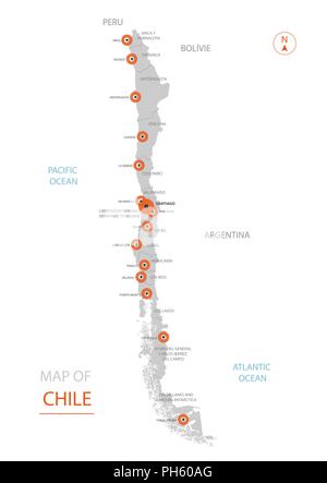 Vettore stilizzati Cile mappa mostrando grande città capitale Santiago, le divisioni amministrative e i confini Illustrazione Vettoriale