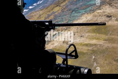 Cpl. Justin Bowman si prepara a fuoco la GAU-21 durante un live incendio al Marine Corps Air Station Futenma, Okinawa, in Giappone, 27 giugno 2018. Squadrons eseguire live fire evento per garantire Combat Readiness. Bowman, un Trion, Georgia, nativo è un osservatore antenna assegnato alle Marine Attacco leggero elicottero Squadron 469, Marine Aircraft Group 39, terzo aeromobile Marina Wing, sotto l'unità di distribuzione con il programma Mag-36, 1° MAW. Foto Stock