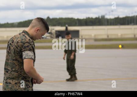 Lancia Cpl. Raymond Boule, una cellula manutenzione tecnico assegnato alla Marina squadrone di attacco (VMA) 214, conduce un oggetto estraneo detriti (DOM) a piedi in preparazione per l'arrivo dei loro AV-8B Harriers a base comune Elmendorf-Richardson, Alaska, 27 giugno 2018. VMA-214 parteciperà al 2018 Arctic Thunder Air Show con un volo, passare il puntatore del mouse di dimostrazione e una visualizzazione statica. Foto Stock