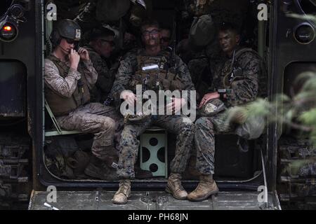 Marines con società di Echo, battaglione atterraggio squadra, 2° Battaglione, 5 Marines, prendere una breve pausa all'interno di un assalto veicolo anfibio durante un assalto meccanizzata come parte del trentunesimo Marine Expeditionary Unit MEU dell esercizio, vicino al villaggio di Ginoza, Okinawa, in Giappone, 28 giugno 2018. Marines e marinai con Echo società effettuate l'ultimo evento di formazione di MEUEX, un assalto lanciato dal Camp Schwab e targeting città di combattimento, parte di Okinawa centrale dell'area di formazione. Marines con società di ECHO, l'assalto meccanizzata elemento con BLT 2/5, partner con AAV equipaggi per effettuare incursioni e attacchi lanciati f Foto Stock