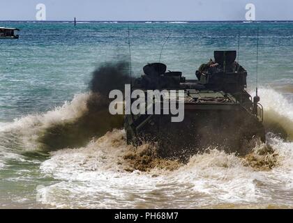 Marines con Bravo Company, terzo assalto anfibio battaglione, immettere l'oceano con il loro assalto Ampbhibious veicolo (AAV) su Camp Schwab beach, a Okinawa, Giappone, 29 giugno 2018. Questo corso di formazione mantiene la disponibilità di unità e proficiency mentre sulla distribuzione nel Pacifico. La società è distribuita per la terza divisione Marine come parte della distribuzione di unità di programma. Foto Stock