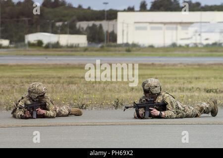 Base comune Elmendorf-Richardson forze congiunte dimostrazione team resta in allerta durante un attacco simulato, per l'Artico Thunder Open House esigenze speciali e per il Dipartimento della Difesa la Giornata della Famiglia a JBER, Alaska, 29 giugno 2018. Durante la biennale open house, JBER apre le sue porte al pubblico e ospita diversi artisti tra cui gli Stati Uniti Air Force Thunderbirds, JBER forze congiunte di dimostrazione e gli Stati Uniti Air Force F-22 Raptor team di dimostrazione. Foto Stock