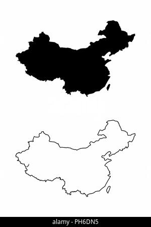 Mappe semplificato della Cina. In bianco e nero dei contorni. Illustrazione Vettoriale