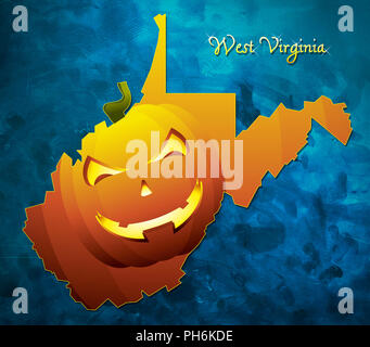 West Virginia mappa di stato USA con zucca di halloween illustrazione viso Foto Stock