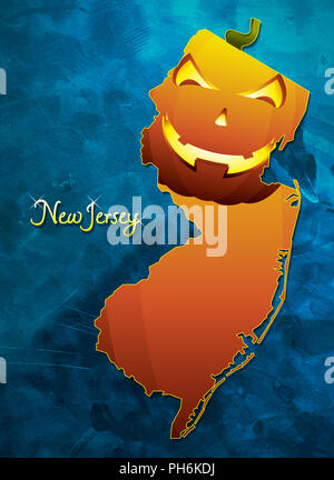 New Jersey mappa di stato USA con zucca di halloween illustrazione viso Foto Stock