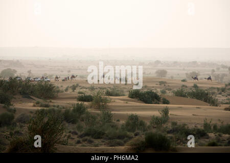 Trekking a dorso di cammello nel deserto di Thar a Jaisalmer, Rajasthan, India Foto Stock