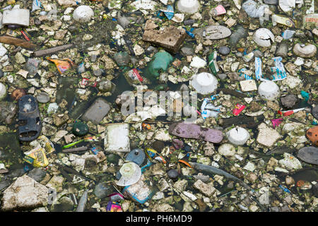 Sacchetti di plastica, bottiglie, polistirene e altri rifiuti contamina l'acqua della laguna in Pushkar, India Foto Stock