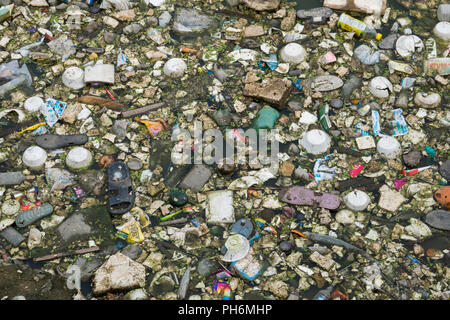 Sacchetti di plastica, bottiglie, polistirene e altri rifiuti contamina l'acqua della laguna in Pushkar, India Foto Stock