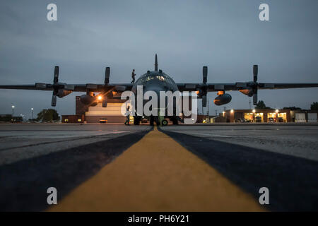 Avieri dal 179th Airlift Wing gruppo Manutenzione preparare la C-130H Hercules completando le operazioni di routine 30 agosto 2018, presso il 179th Airlift Wing, Mansfield, Ohio. Le operazioni di routine eseguita sul C-130H Hercules assicura che il velivolo sono mission pronto a tutte le ore. (U.S. Air National Guard foto di Airman Alexis Wade) Foto Stock