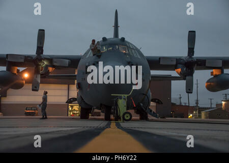 Avieri dal 179th Airlift Wing gruppo Manutenzione preparare la C-130H Hercules completando le operazioni di routine 30 agosto 2018, presso il 179th Airlift Wing, Mansfield, Ohio. Le operazioni di routine eseguita sul C-130H Hercules assicura che il velivolo sono mission pronto a tutte le ore. (U.S. Air National Guard foto di Airman Alexis Wade) Foto Stock