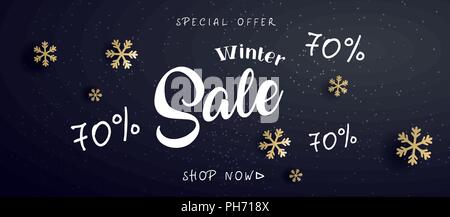 Può essere utilizzato come il Natale biglietto di auguri, un poster o un banner. Vector golden stelle scintillanti, i fiocchi di neve e scritte Illustrazione Vettoriale