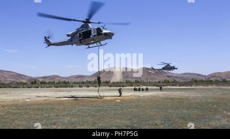 Marines con Marine Attacco leggero elicottero Squadron (HMLA) 369 inserire fanteria Marines attraverso la rapida formazione di corda a Camp Pendleton, California, 27 giugno. Fast roping operazioni consentono la rapida commutazione di ingresso e di uscita delle truppe per assistere in aiuto medico, eseguire missioni raid e inserire Marines dove gli aerei non sono in grado di terra. Foto Stock