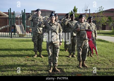 Il guerriero del battaglione di transizione ha ospitato una modifica del comando cerimonia per Lt. Col. Steven G. Robins, comandante in entrata, e il tenente Col. Phillip B. Brown Jr., comandante uscente, giovedì, 28 Giugno presso il cpl. Rudolfo Hernandez guerriero battaglione di transizione complessa a Fort Bragg. Foto Stock