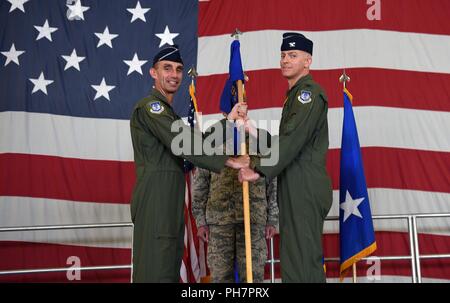 Stati Uniti Air Force Col. Jeffrey T. Allison, destra, 495th Fighter Group (FG) comandante in arrivo, assume il comando come il quarto comandante della 495th FG dal magg. Gen. Scott J. Zobrist, 9 Air Force commander, durante un cambio del comando cerimonia, Giugno 26, 2018, Shaw Air Force Base, S.C. Prima di assumere il comando, Allison era un laureato 2018 dell'U.S. Army War College di Carlisle Barracks, Penn. Come comandante per la 495th FG, Allison 700 conduce regolari di Air Force membri co-situato in sette separato geograficamente squadroni, più un ulteriore 16 posizioni di funzionamento integrato con Air National Gu Foto Stock