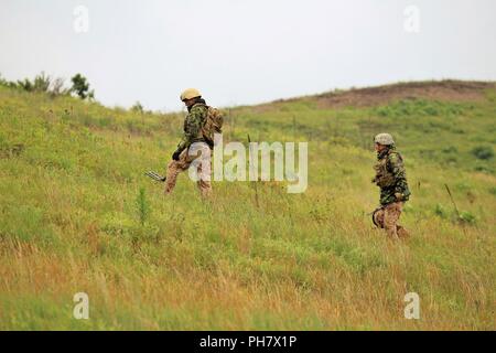 I membri del servizio con un militare straniero l'eliminazione degli ordigni esplosivi (EOD) team di eseguire la scansione di un pendio Giugno 26, 2018 sul tasso di caduta sulla zona sud di Post come parte della formazione in esercizio audace Warrior 2018 a Fort McCoy, Wis. quasi 60 aviatori di Guardia Nazionale unità in dieci Stati membri nonché di squadre di servizio internazionale i membri che fanno parte dell'eliminazione degli ordigni esplosivi squadre allenate a Fort McCoy per dodici giorni alla fine di giugno ai primi di Luglio come parte dell'esercizio. Anche la formazione ha avuto luogo nel campo Volk, Wis. durante il training e l'EOD personale scenari completati in convoglio operazioni, popolato Foto Stock