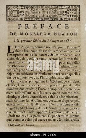 Isaac Newton (Woolsthorpe,1642-Londres,1727). Fisico, matemático y astrónomo inglés. Mathematiques Principes de la Philosophie Naturelle. Edición francesa traducida del por originale di Madame la Marquise du Chastellet. Tomo I. Prefacio de Newton en la primera edición de los Principios en 1686. Editada en París, 1756. Con la aprobación y privilegio del Rey. Biblioteca Histórico Militar de Barcelona. Cataluña. España. Foto Stock