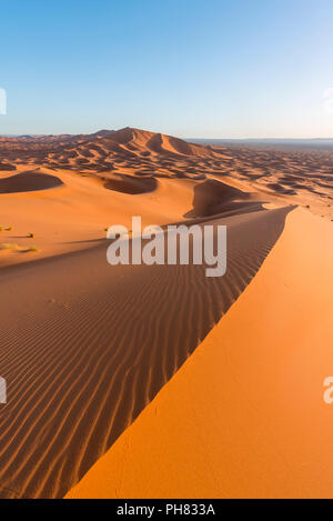 Dune di sabbia rossa nel deserto, paesaggio di dune Erg Chebbi, Merzouga, Sahara, Marocco Foto Stock